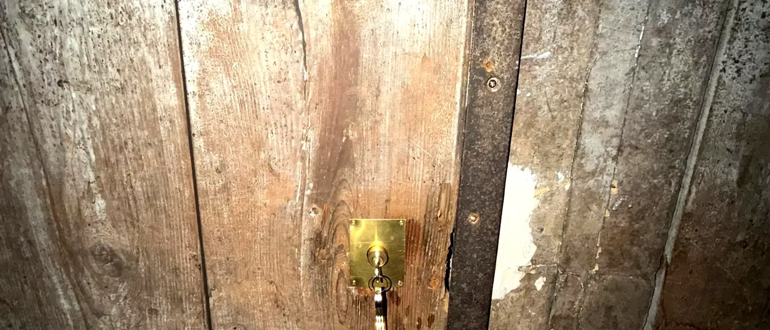 Porte en bois ancienne patinée avec entrée de clé en laiton, bâti lyonnais typique